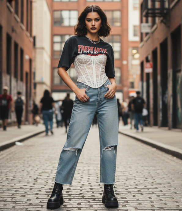 Gen Z styling the Laced Up 2026 trend with a lace corset