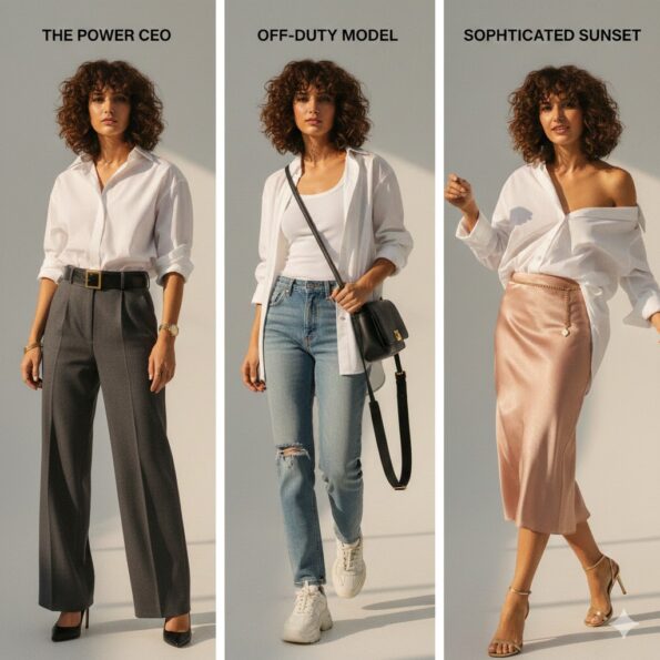 Woman wearing oversized white shirt with grey trousers.