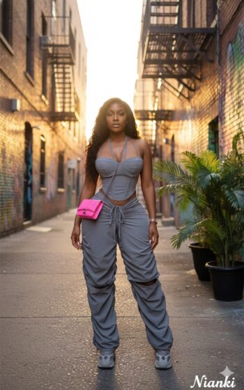 Retro Cargo Pants Women High Waist Straight Leg Pleated Pants Slimming Strapless Top Sleeveless 2-Piece Set