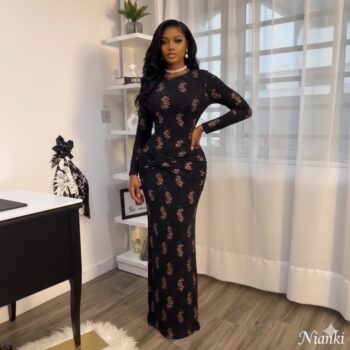 Elegant Black Printed Long Sleeve Dress for Women, Chiffon Style, Pleated Slim Fit, Casual Fashion Dress